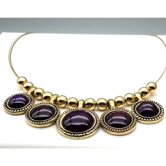 Elegant Purple and Gold Bib Necklace, Vintage Bold Bib on Triple Strand Wires - Picture 4 of 4